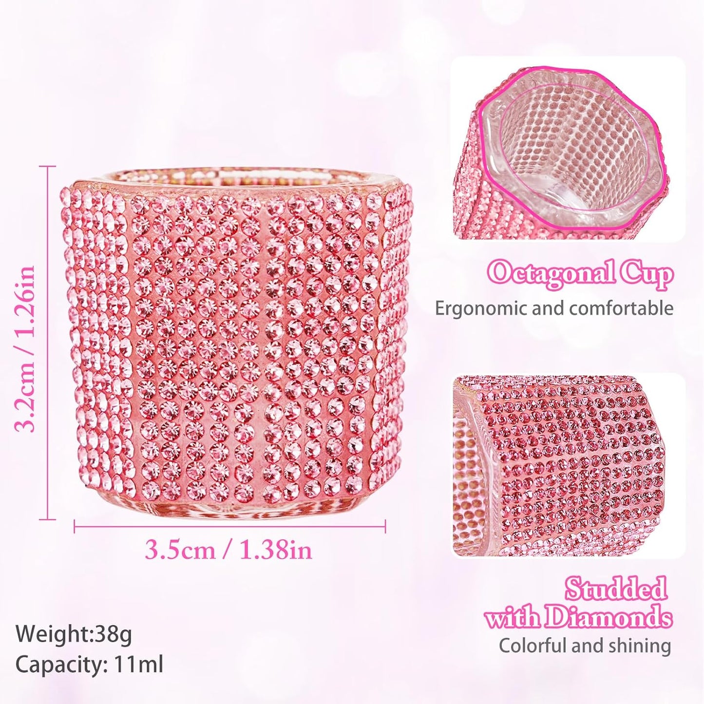 Glass Dappen Dish for Acrylic Nails, Crystal Glitter Acrylic Liquid Powder Glass Cup Nail Liquid Glassware Bowl, Octagon (YSHJB020-2pcs-Pink)
