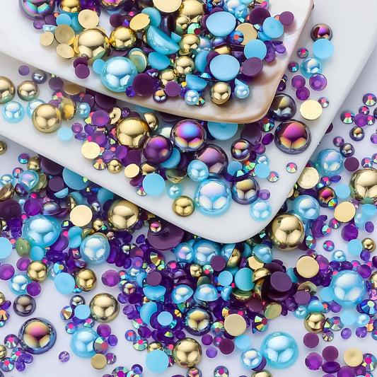 60g Gold Aquamarine Pearls Rhinestones for Crafts Mixed Size 3mm-10mm AB Color Round Half Pearls Flatback Pearl Beads and Resin Rhinestones Set for Face Art with Gel