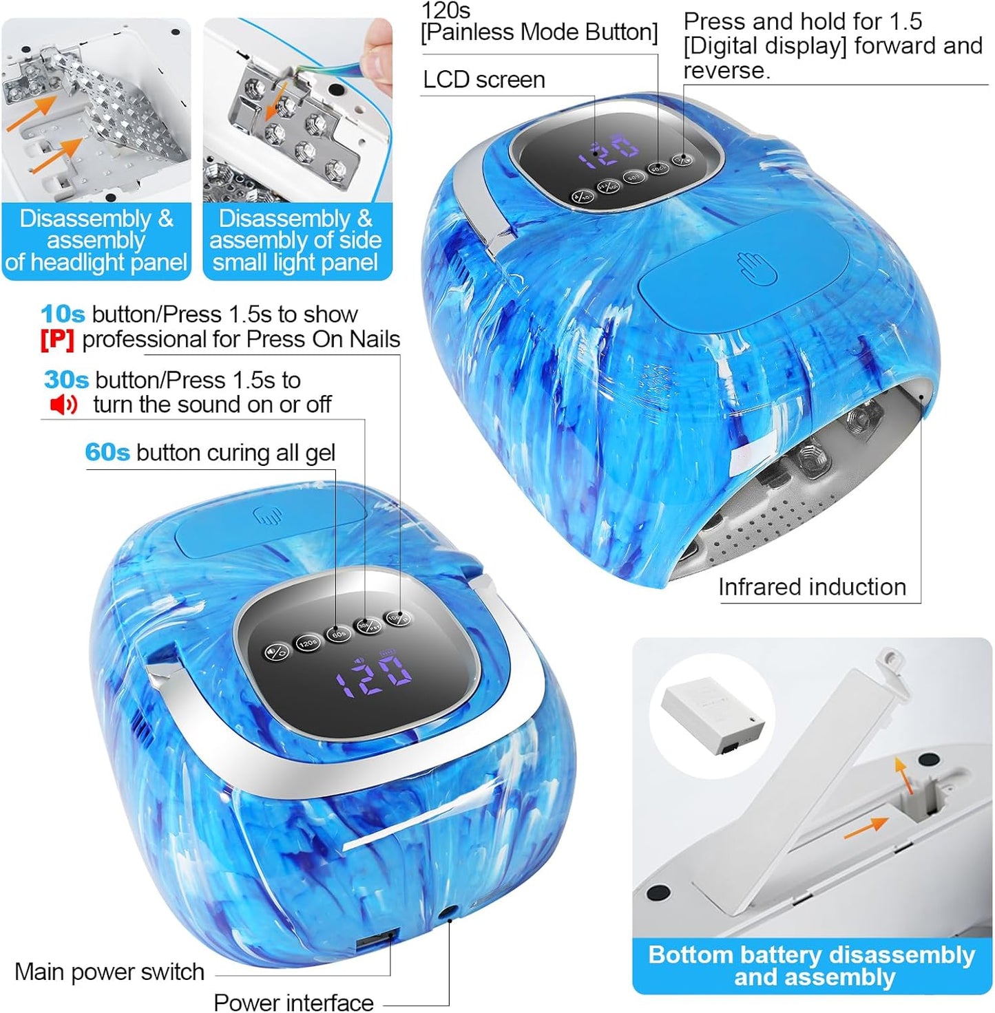 LimeGirl Cordless Nail Lamp, 72W Powerful UV LED Nail Dryer with Replaceable Lamp Beads & Battery, UV Light for Gel Polish, Rechargeable & Portable for Salon & Home (Rendering Blue, One Battery)