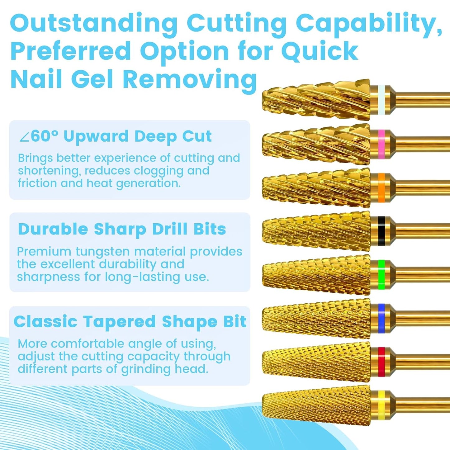Super Cut 5 In 1 Nail Drill Bits，Tapered 3/32'' Safety Tungsten Bits, Upward Cut for Hard Gel Removal, Right Hand Use, Manicure Cuticle Gel Polishing, Technicians Bits, Gold, Quadruple Coarse.