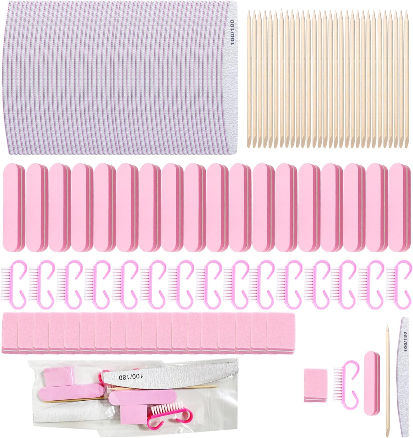 20 Sets Disposable Manicure Kit, Portable Basics 5 Pieces Nail Kit, Mini Buffer Block Nail File, Handle Grip Brush, Wood Stick Press On Nail Tool Kit for Acrylic and Natural Nails