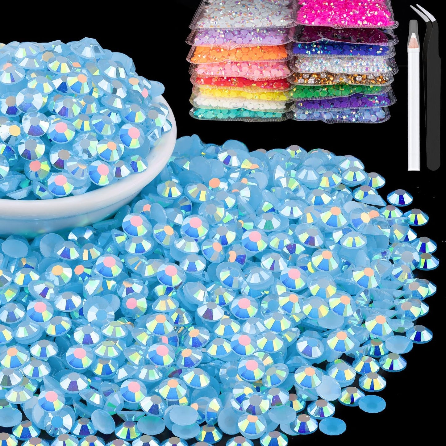 15000pcs 2mm Resin Rhinestones Bulk, Lake Blue AB Flatback Round Jelly Rhinestones Bedazzling Non Hotfix Crystal Gems Large Quantity Wholesale for DIY Crafts Clothes Tumblers Face Makeup Manicure