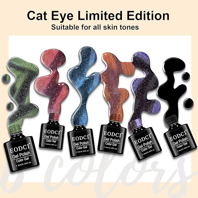 9D Cat Eye Gel Nail Polish, 7.5ml*6 with Magnets Stick, Galaxy Chameleon Effect Silky Cat Eye Nail Gel Soak Off Nail Art Salon Manicure Home Ladies Gift Nail Art DIY at Home Diy