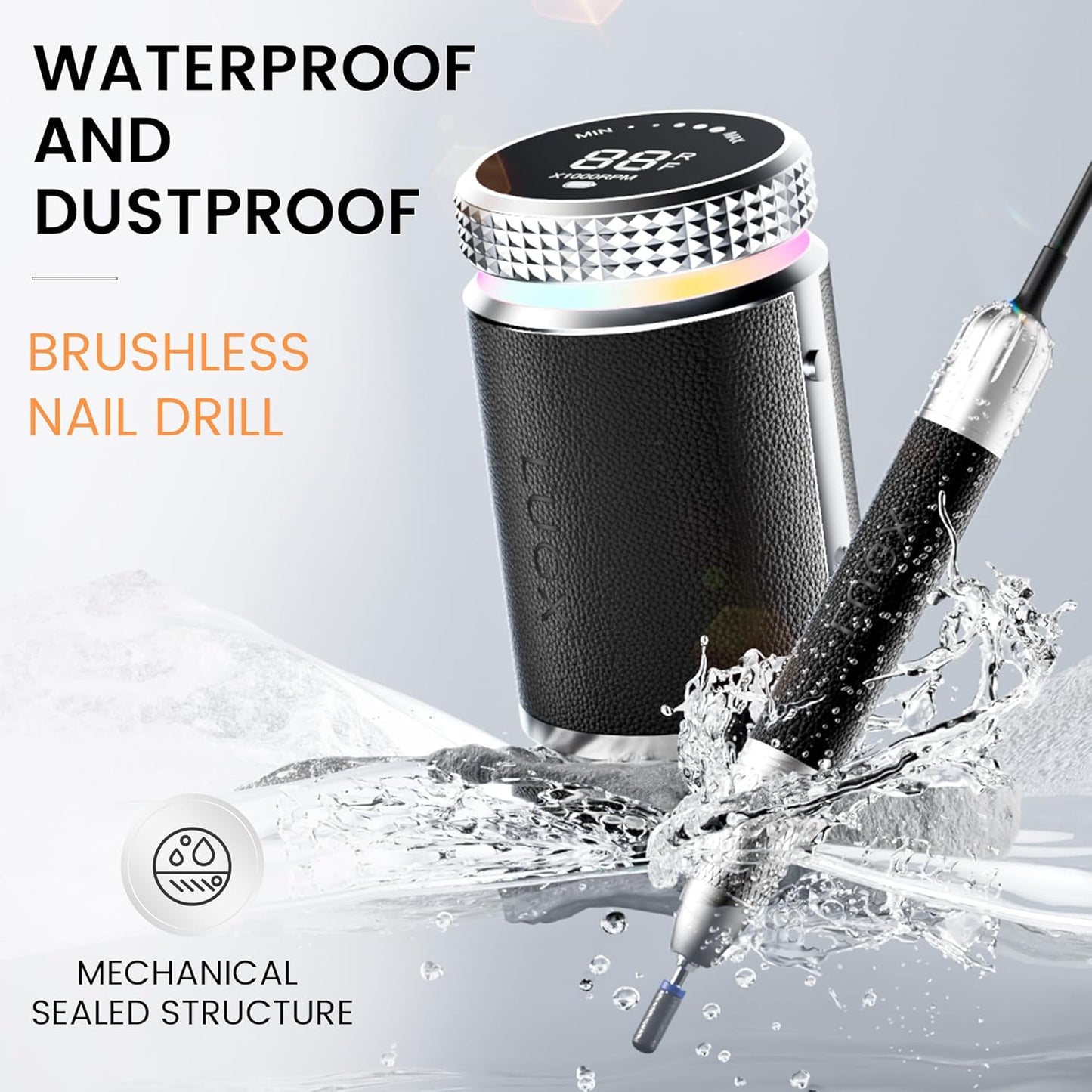 L'UGX Professional Nail Drill, Waterproof 35000RPM Brushless Nail Drill Machine, Rechargeable Nail Efile for Acrylic Gel Nails, Low Noise and Low Vibration, Black