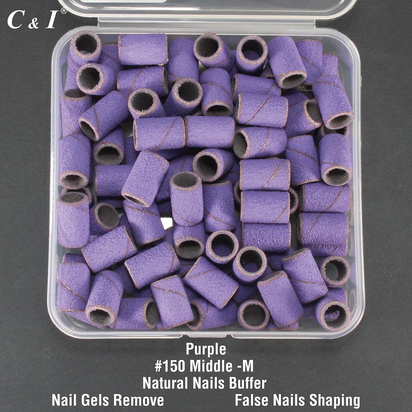 C & I Nail Sanding Bands 100 PCS Plus Upgrade Mandrel 1 PC, Nail Drill Bits for Acrylic Gel Nails Remove, Natural Nails Buffer for Nail Prep and Nail Shiner (Purple, #150 Middle)