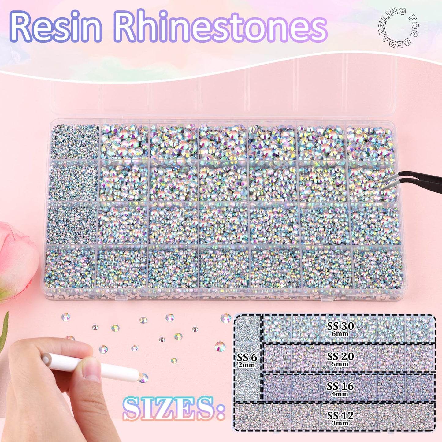 30000Pcs Resin Rhinestones for Bedazzling with B7000 Jewelry Glue, AB Flatback Gems Rhinestones for Crafting, Clothing Tumblers Mugs Shoes Fabric Decor Nail Art