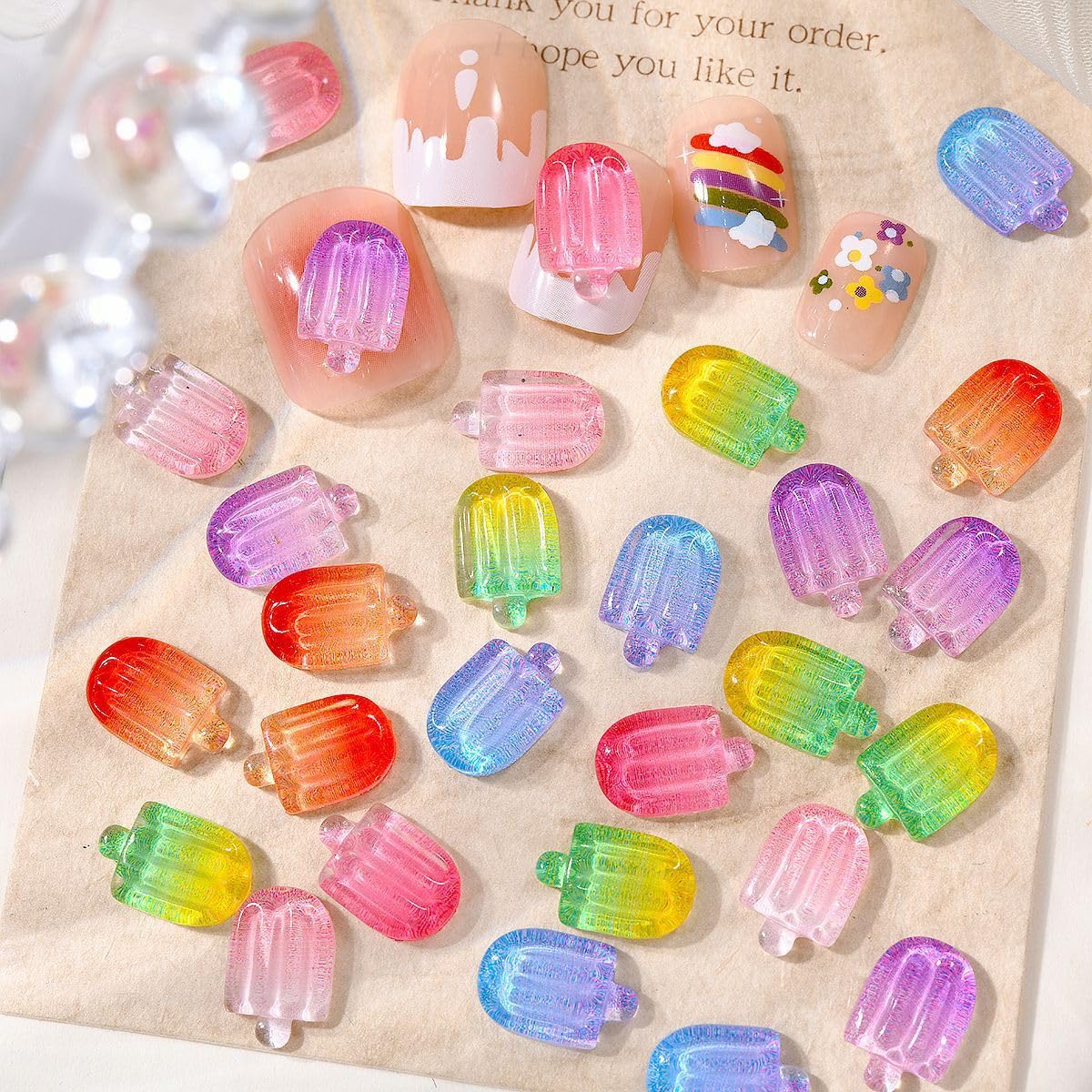 50Pcs Summer Colorful Ice Cream Nail Art Charms Kawaii Nail Charms for Acrylic Nails Mini Ice Lolly Summer Flatback Nail Rhinestones for Women Nails DIY Nail Supplies Cute Nail Art Craft Accessories
