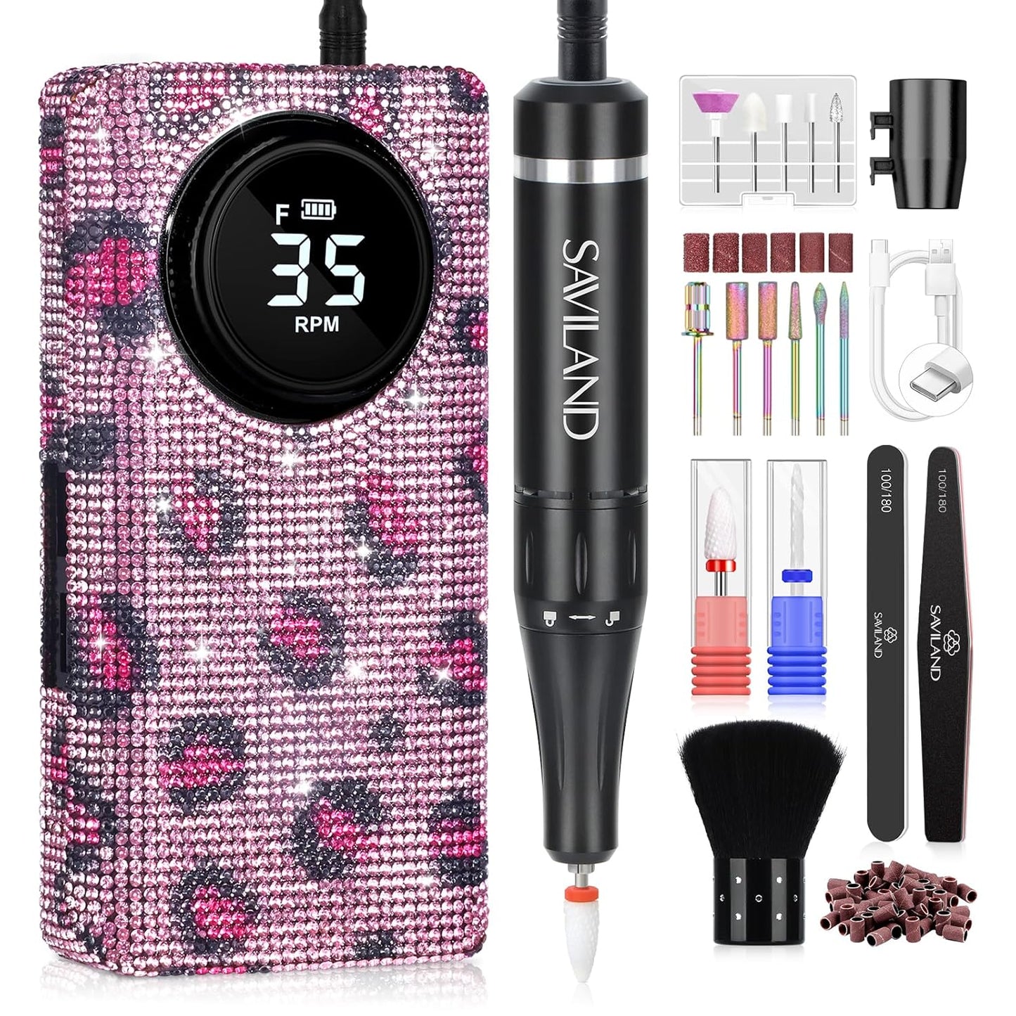 SAVILAND Professional Nail Drill for Nails Tech: Charming Pink Leopard Print 35000RPM Electric Acrylic Nail Drill Kit with 13 Drill Bits Rechargeable E-File Machine Expert Manicure Pedicure Salon Use