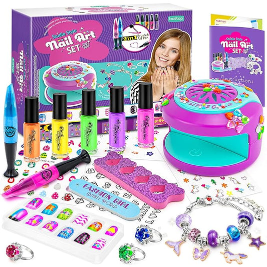 BATTOP Kids Nail Polish Set for Girls - Kids Nail Art Kit with Dryer & Fake Nail & Sticker & Water Based Nail Polish & Nail Art Pen - Idea Gifts for Girls Ages 6 7 8 9 10 11 12