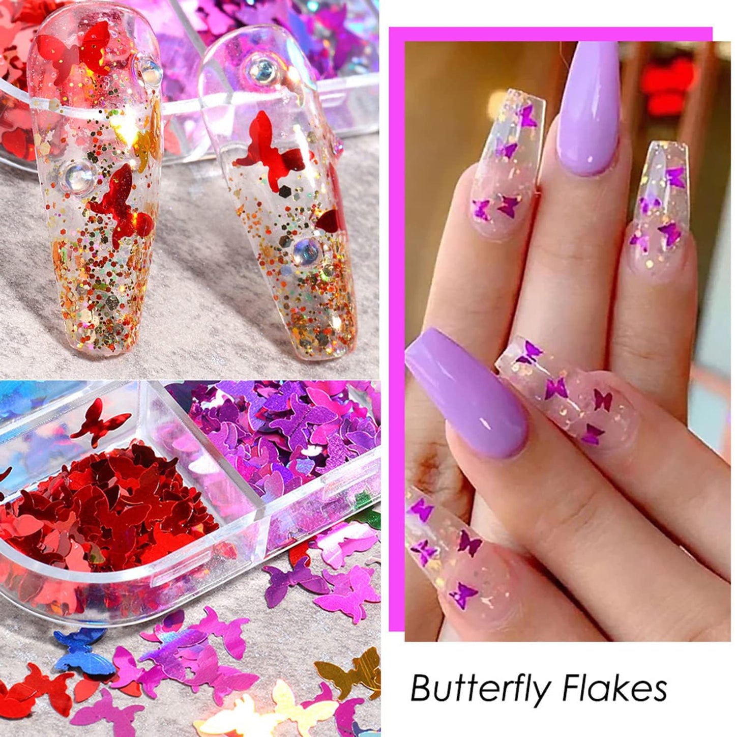 Butterfly Glitter Nail Art Sequins, 3D Fluorescent Glitters Butterflies Flakes, Holographic Neon Laser Shiny Butterfly Nail Supplies for Women Girls Manicure Charms Decorations DIY Resin Nail Art Tips