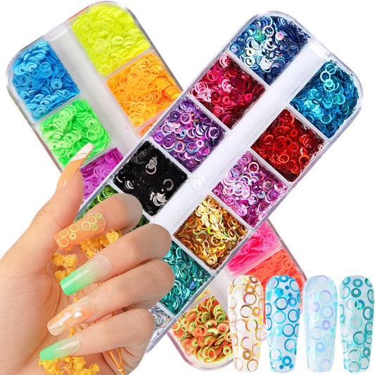 Circle Glitter Nail Art Sequins, 3D Hollow Circle Shape Glitters Flakes, Holographic Fluorescent Laser Shiny Round Nail Supplies for Women Girls Manicure Charms Decorations DIY Resin Nail Art Tips