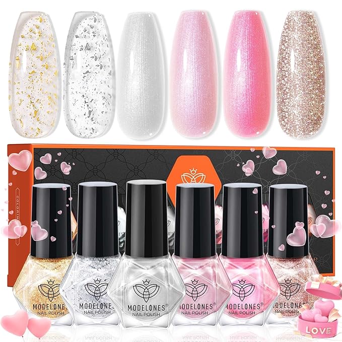 modelones Pink Nail Polish Set, 6 Colors White Gold Foil Glitter Silvery Pearl Shimmer Quick Dry Mini Starter, Long Lasting Art DIY Manicure Kit at Home for Women Girls Wedding Gifts