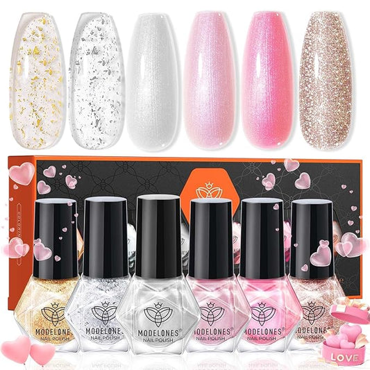 modelones Pink Nail Polish Set, 6 Colors White Gold Foil Glitter Silvery Pearl Shimmer Quick Dry Mini Starter, Long Lasting Art DIY Manicure Kit at Home for Women Girls Wedding Gifts