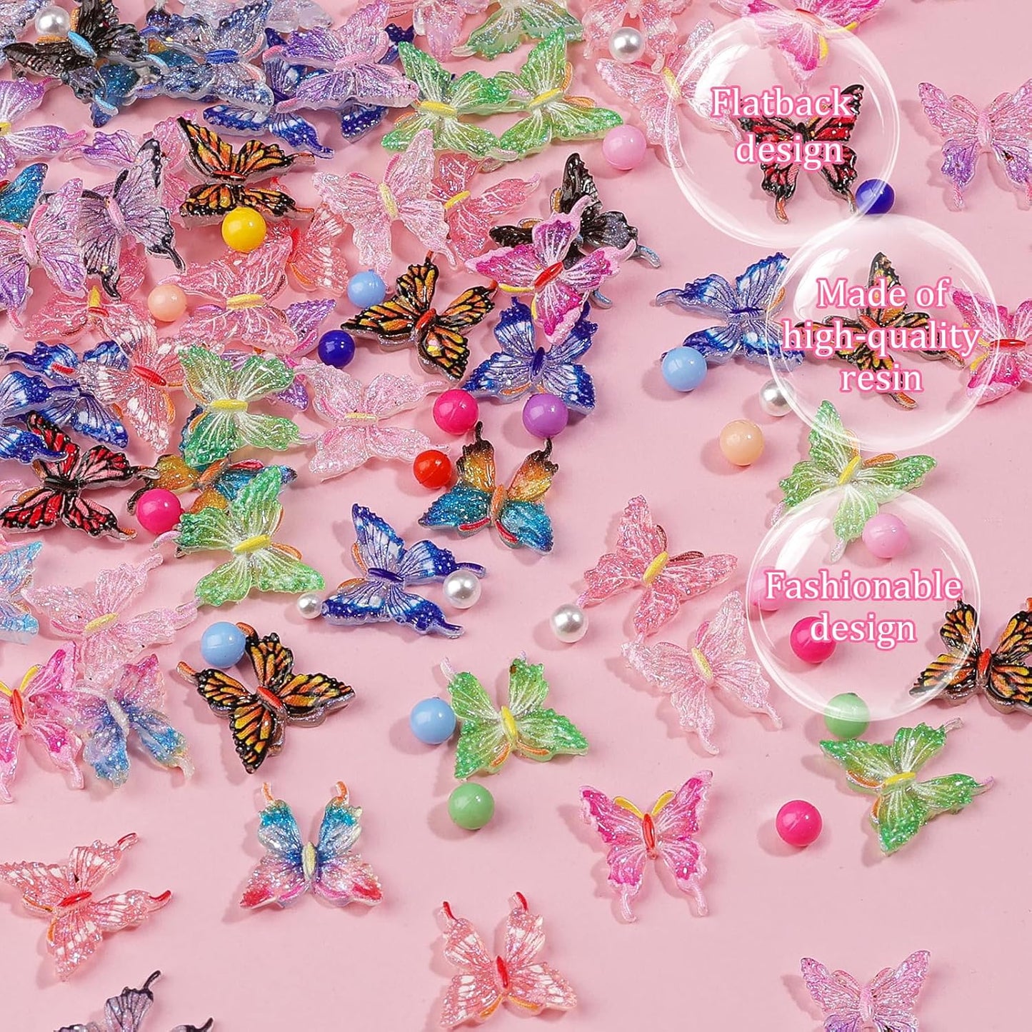 100Pcs Butterfly Nail Charms with 200Pcs Pearls, Colorful 3D Resin Nail Butterfly Charms, White & Macaron Rhinestones for Nail Art, DIY Crafts, Spring Summer Manicure Decoration for Women Girls