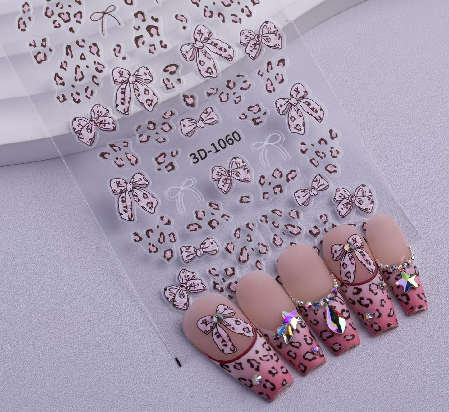 Leopard Print Bow Nail Stickers Self-Adhesive, 2 Sheets Mini Nail Art Decorations Kit - DIY Easy Apply for Everyday, Party, Gifts