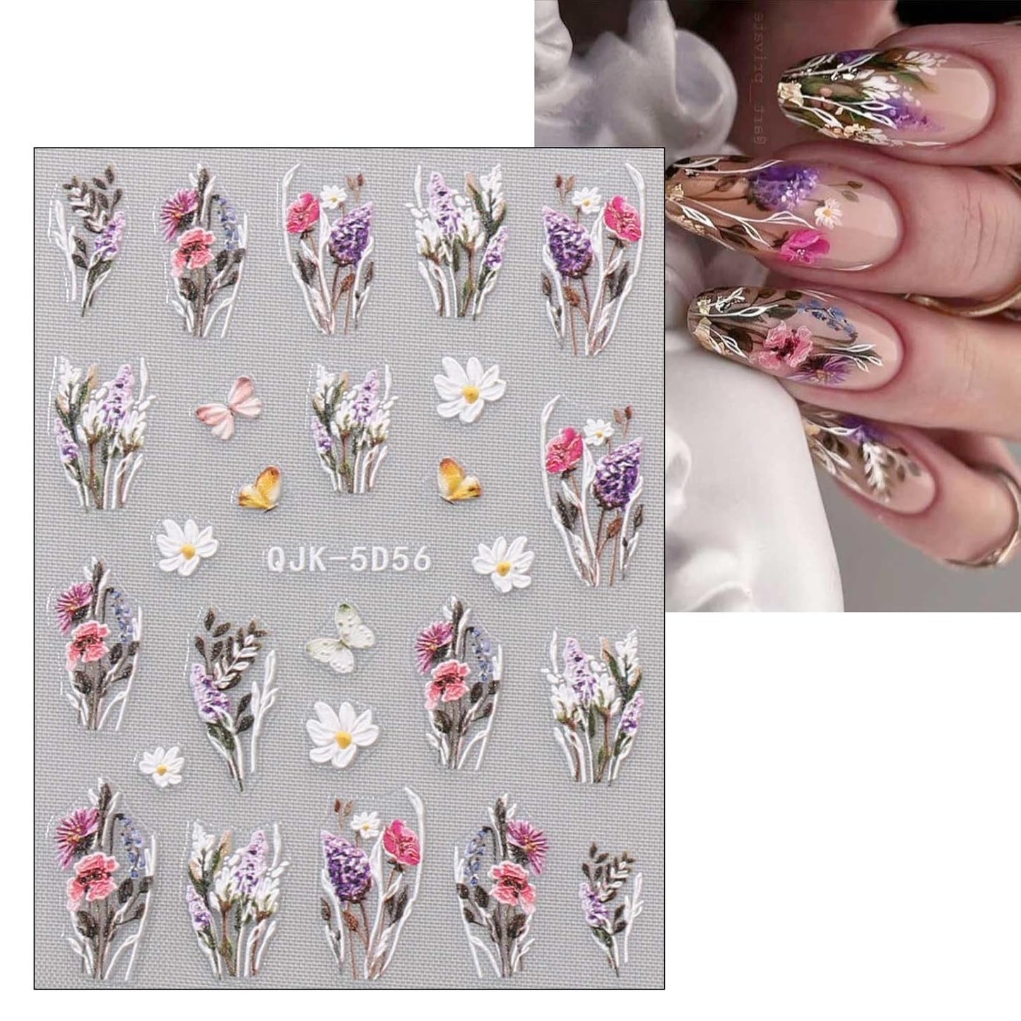 JMEOWIO 6 Sheets 3D Embossed Spring Flower Nail Art Stickers Decals Self-Adhesive Pegatinas Uñas 5D Colorful Summer Floral Lavender Nail Supplies Nail Art Design Decoration Accessories
