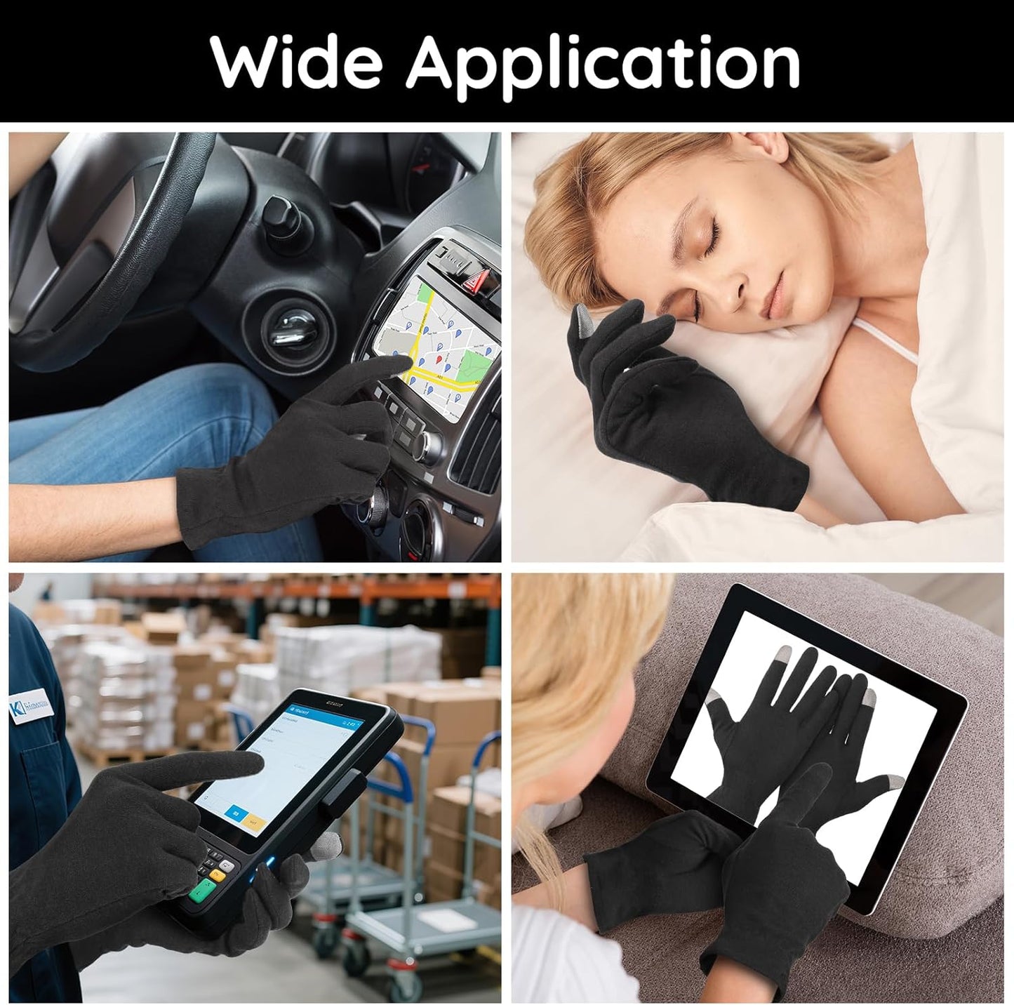 Segbeauty 16 Counts Elastic Black Cotton Gloves for Working, 8 Pair Touchscreen Sleeping Moisturizing Lotion Gloves Overnight with Elastic Band, Hand Care Cotton Moisture Work Glove for Typing Driving