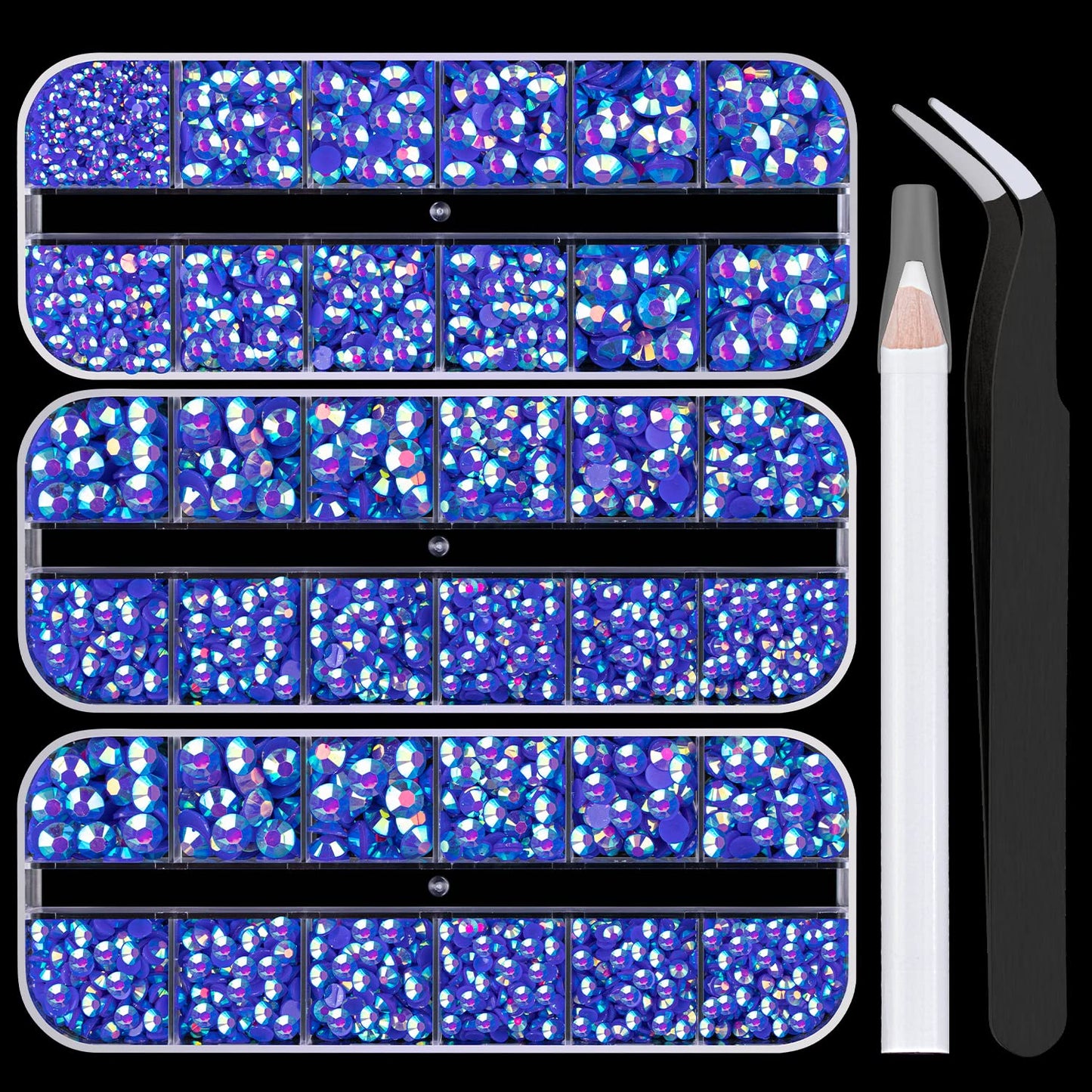 5000PCS Resin Rhinestones with Tweezers for Crafting, 2/3/4/5/6mm Flatback Jelly Rhinestones, 3 Box Dark Blue AB Non Hotfix Crystal Gems for DIY Crafts Mugs Tumblers Clothes Makeup Nail