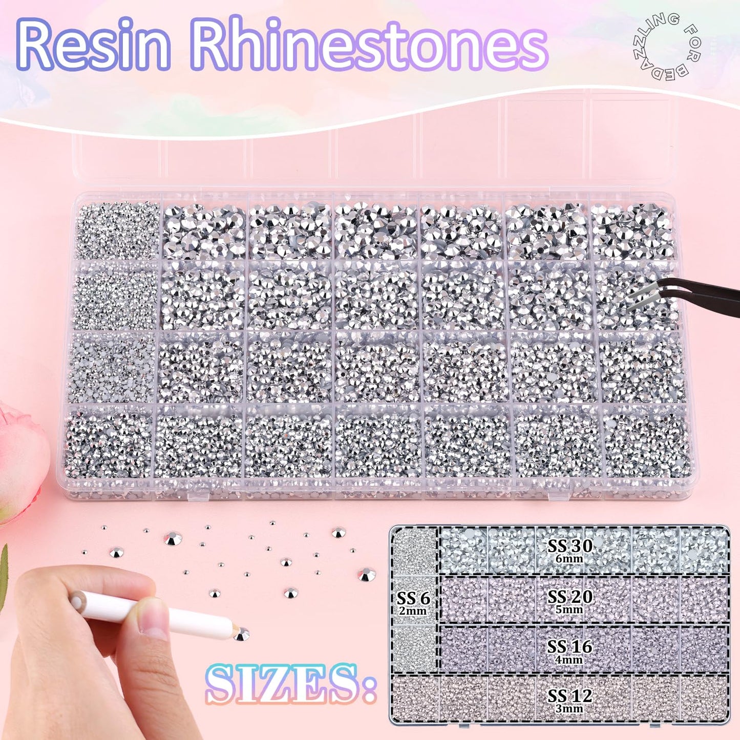 30000Pcs Resin Rhinestones for Bedazzling with B7000 Jewelry Glue, Silver Flatback Gems Rhinestones for Crafting, Clothing Tumblers Mugs Shoes Fabric Decor Nail Art