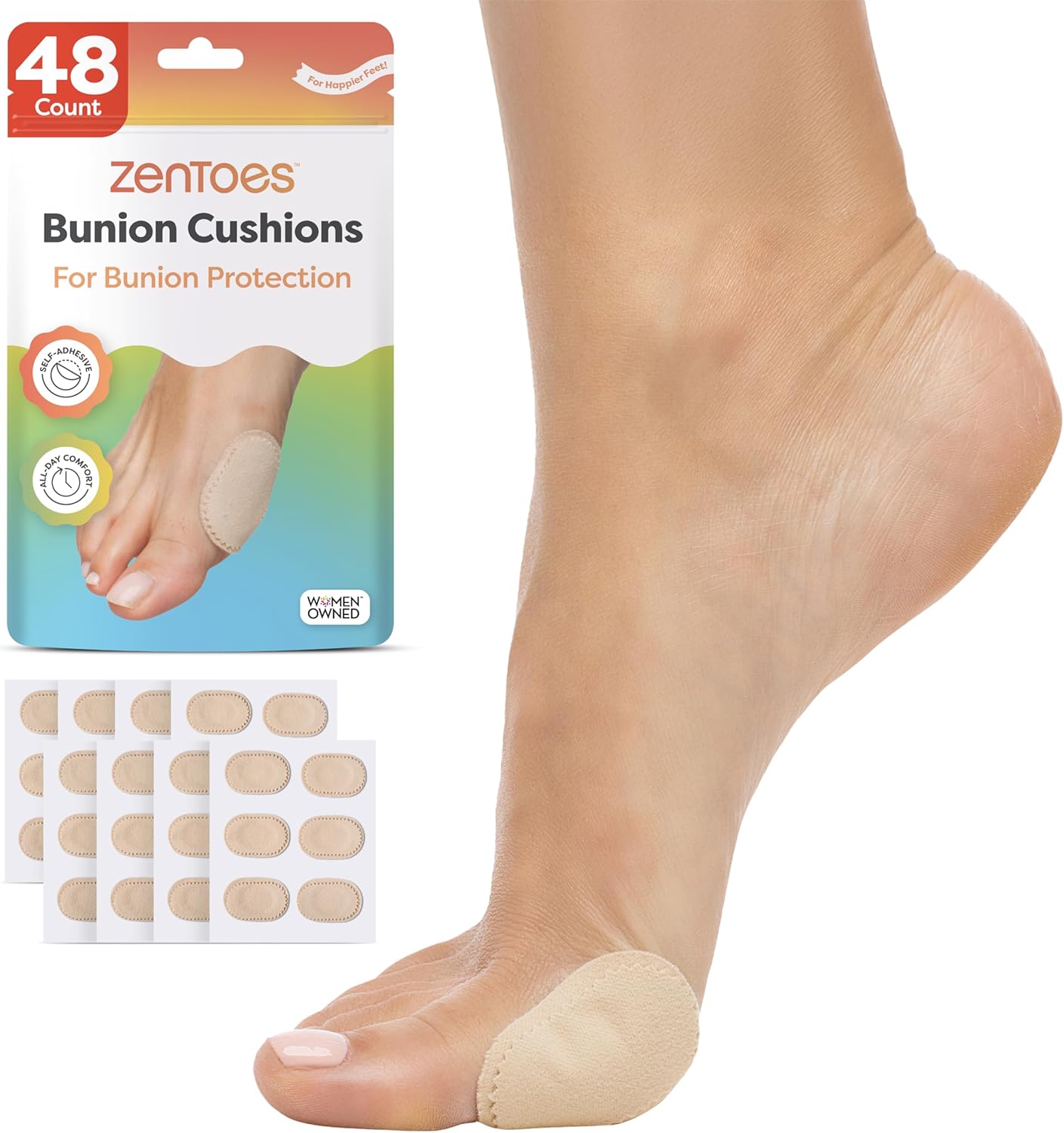 ZenToes Bunion Pads, Adhesive Bunion Cushions for Waterproof Protection, 48 Count