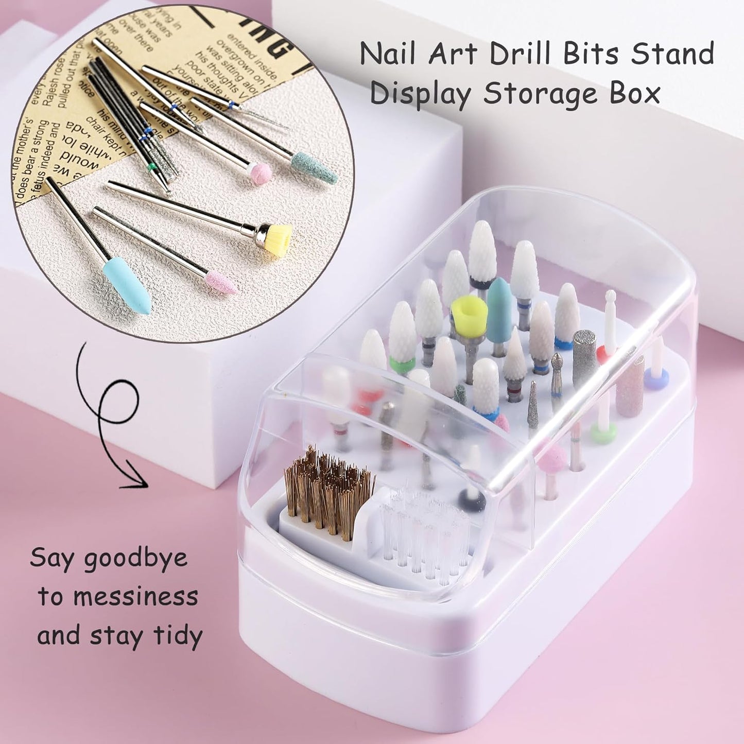 Nail Bit Holder & Nail Drill Bit Cleaner 2 in 1, 30 Holes Nail Drill Holder Organizer Nail Bit Brush Cleaner Drill Bit Holder for Nails Dustproof Stand Displayer Storage Box Tools-White