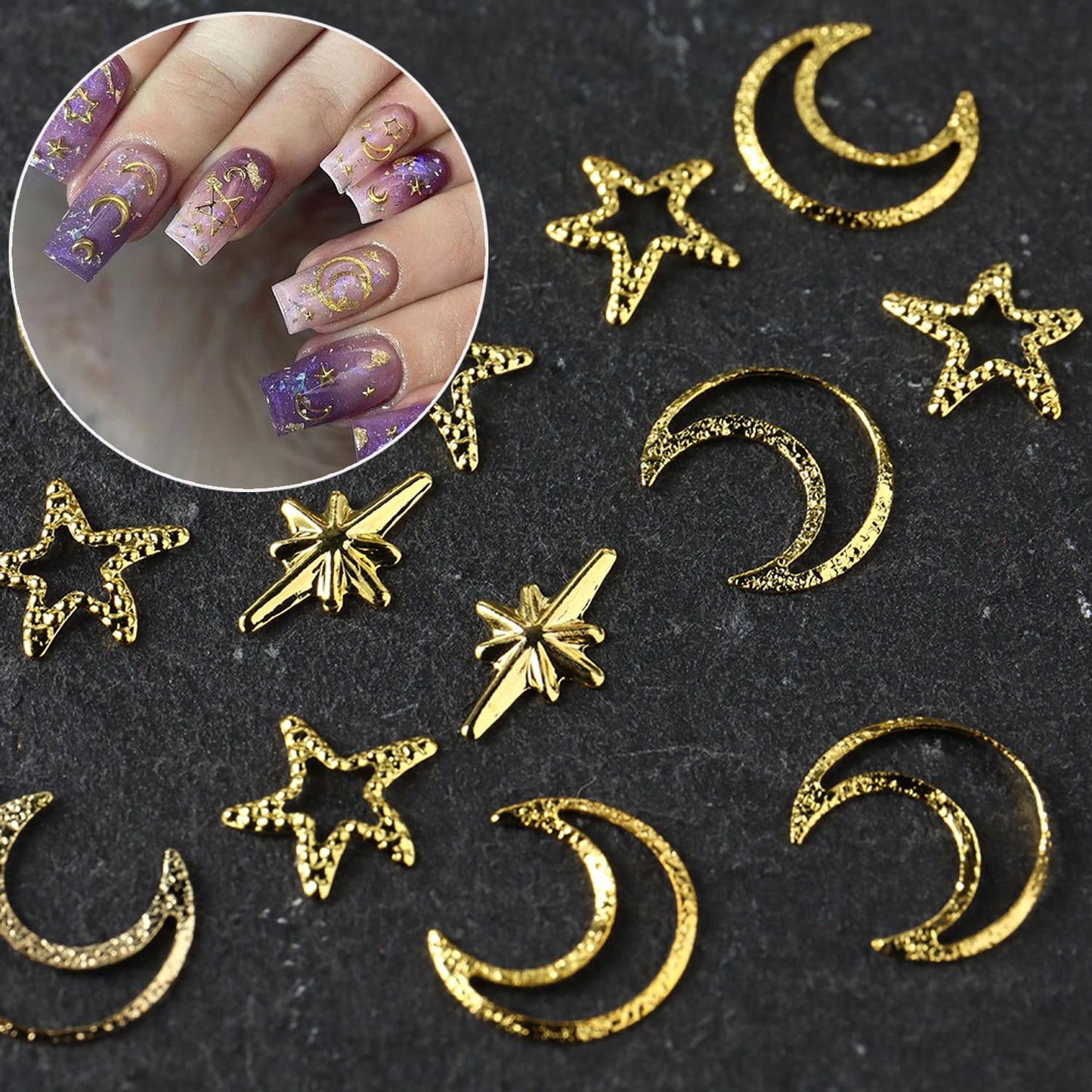 Star Nail Charm for Nails,3D Gold Silver Star Nail Art Charm 2Box Metal Five-Pointed Star Gold Silver Stars Moon Rivet Nail Accessories Metallic Studs Rhinestones Star Nail Jewelry Decor Manicure Kit