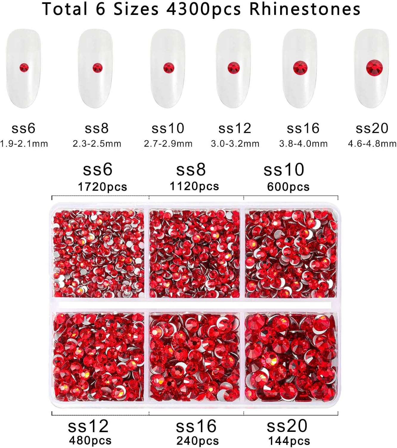 Beadsland 4300pcs Flatback Rhinestones,Light Red Rhinestone Nail Gems Round Crystal Rhinestones for Crafts,Mixed 6 Sizes with Picking Tweezers and Wax Pencil Kit, SS6-SS20,Light Siam