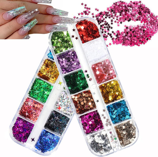 Stars Nail Art Glitter Sequins, 3D Stars Nail Glitter Flakes Design, Holographic Laser Star Acrylic Nails Supplies for Women Girls Manicure Sparkle Decorations, DIY Body Makeup Set(2 Boxes)