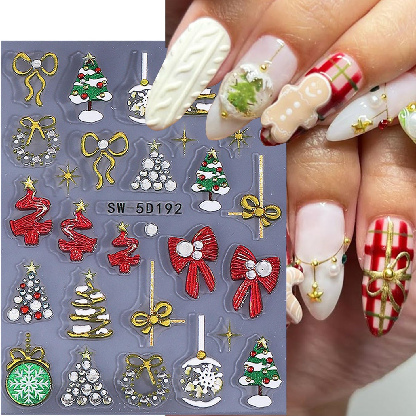 2 Sheets Christmas Nail Stickers for Nail Art Gold Snowflake Ball Nail Art Stickers Embossed Snow Christmas Tree Nail Decals 5D Self-Adhesive New Year Red Bow Xmas Wreath Nail Design Decals for Women