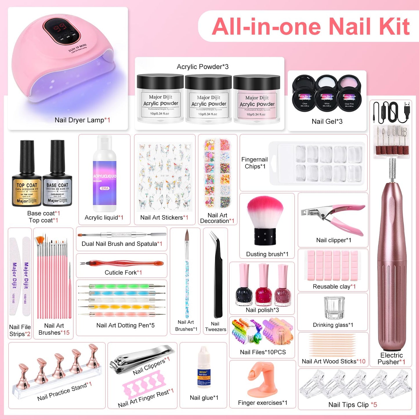 Acrylic Nail Kit with Everything for Beginners Starter Complete Set with Drill Light Nail Polish Extension Gel Nail Art Decoration Tools for Salon Starter Home Salon