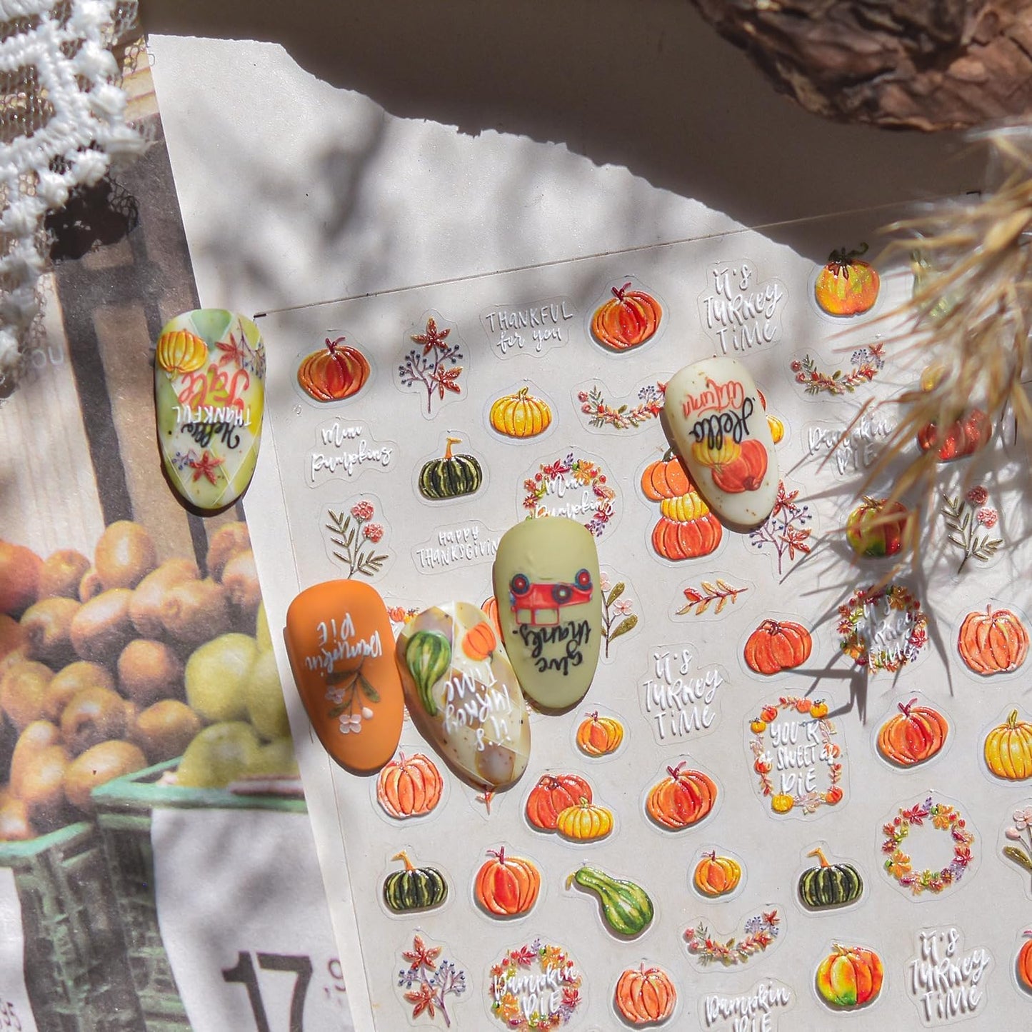 Fall Nail Art Stickers Decals Autumn Pumpkin Nail Decals 5D Embossed Self-Adhesive Pumpkin Flower Nails Design Stickers Thanksgiving Nails Decorations for Women DIY Manicure Art Supplies