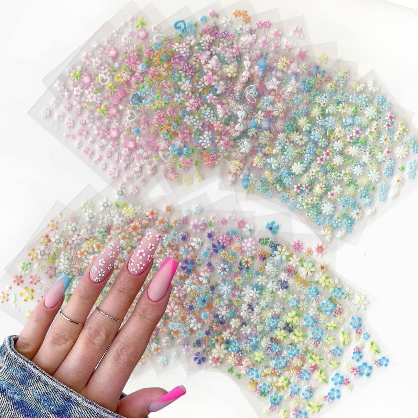30 Sheets Flower Nail Art Stickers Decals Floral Rose Daisy Cherry Blossoms 3D Self-Adhesive Nail Sticker Spring Summer Colorful Flower Nail Art Decoration Supplies for Women Manicure DIY Accessories