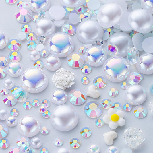 160g White Flat Back Pearls Rhinestones for Crafts Mixed Size 3mm-10mm AB Color Round Half Pearls Flatback Pearl Beads and Resin Rhinestones Set for Face Art