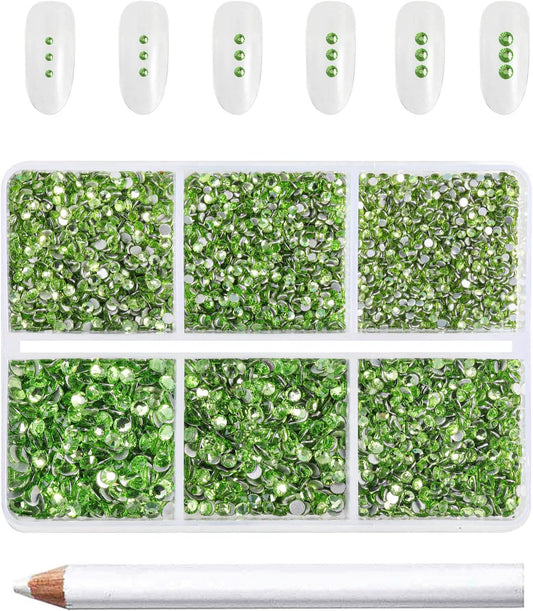 Beadsland 7200pcs Flatback Rhinestones,Light Green Rhinestone Nail Gems Round Crystal Rhinestones for Crafts,Mixed 6 Sizes with Wax Pencil Kit, SS3-SS10,Peridot/Light Green