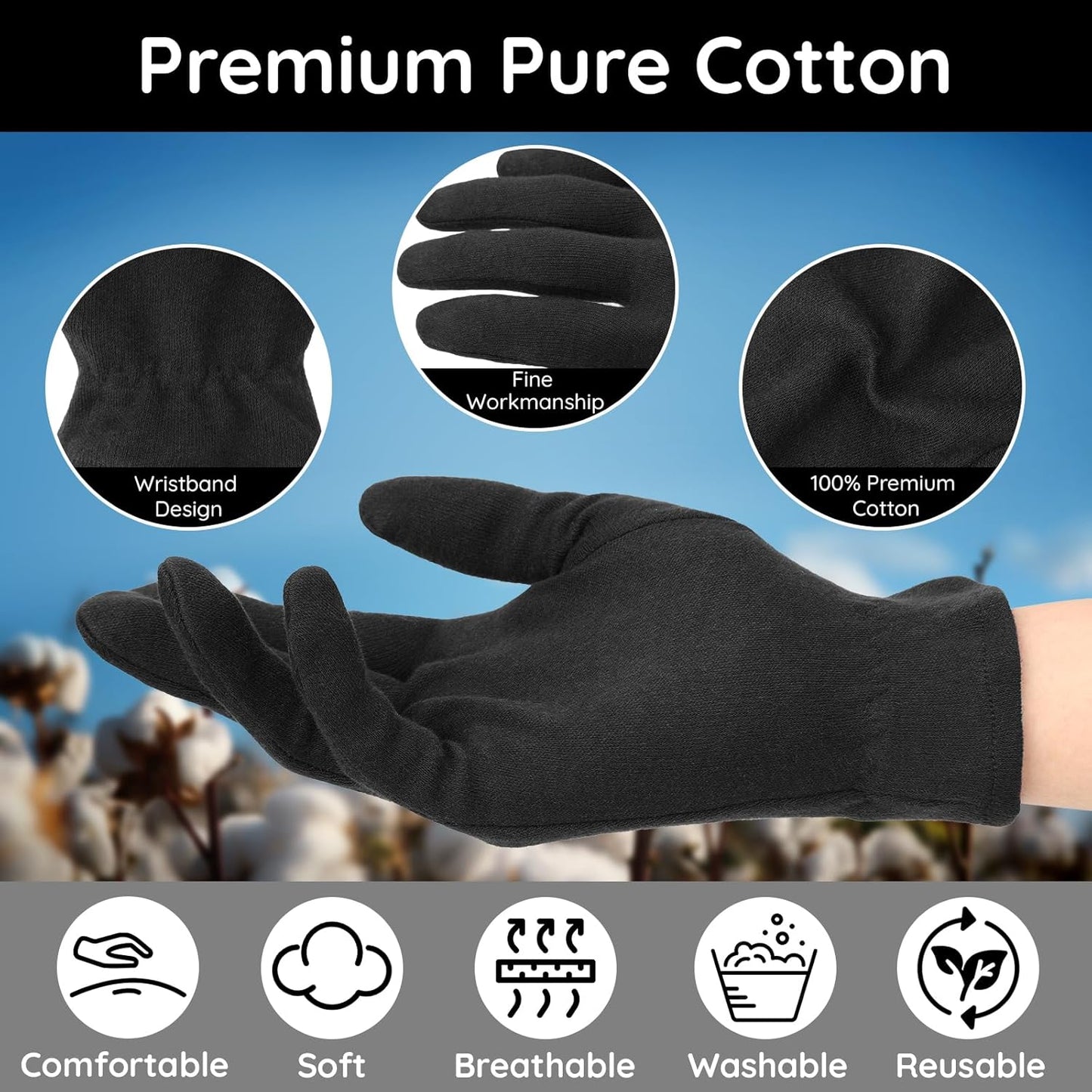 Segbeauty 24 Counts Elastic Black Cotton Gloves for Dry Hands, 12 Pairs Overnight Moisture Lotion Cotton Gloves with Elastic Band for Sleeping Driving Typing, Home Spa Sleep Glove Reusable Soft Glove