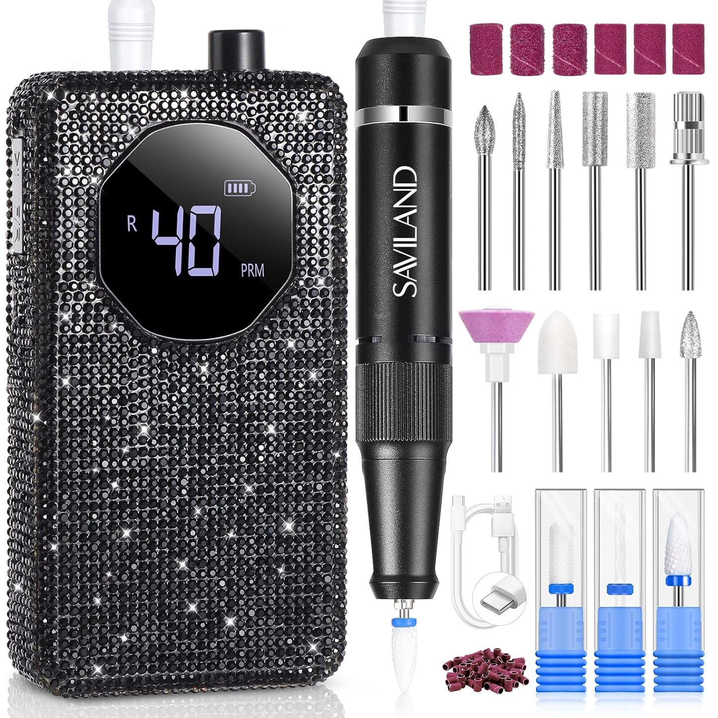 SAVILAND Professional Nail Drill 40000 RPM: Portable Electric Nail Drill Kit File Machine with Ceramic Nail Bit Sanding Bands for Quick Acrylic Removal Manicure Salon Home Use, Black Diamond