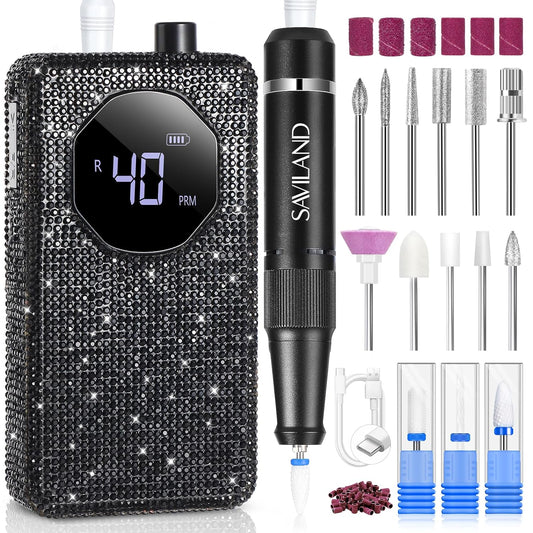 SAVILAND Professional Nail Drill 40000 RPM: Portable Electric Nail Drill Kit File Machine with Ceramic Nail Bit Sanding Bands for Quick Acrylic Removal Manicure Salon Home Use, Black Diamond