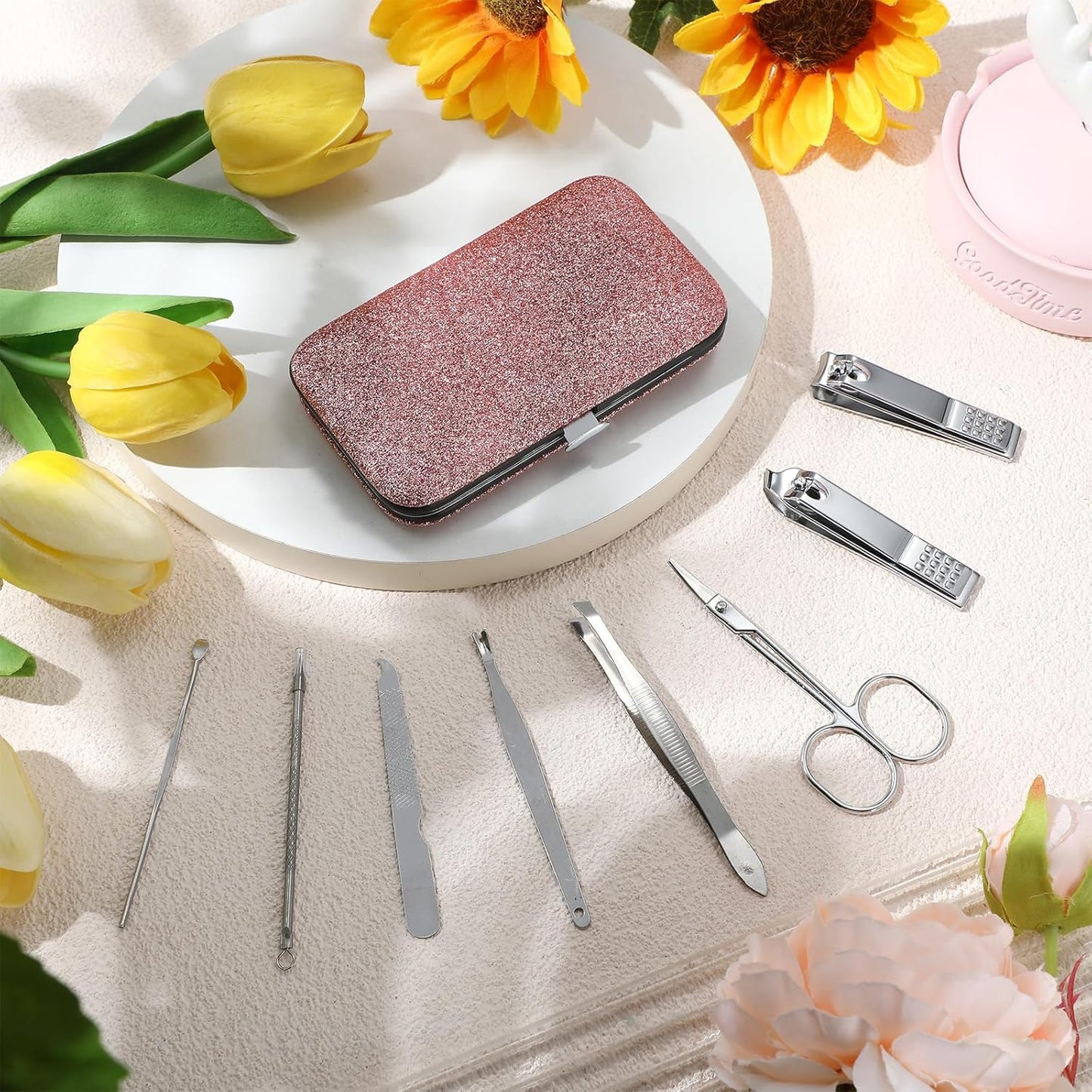 Lasnten 24 Set Christmas Manicure Set Bulk Nail Clippers Grooming Nail Kit Stainless Steel Professional Pedicure Kit Pedicure Tools with Travel Case Gifts for Xmas Men Women(8 in 1,Shiny Pink)