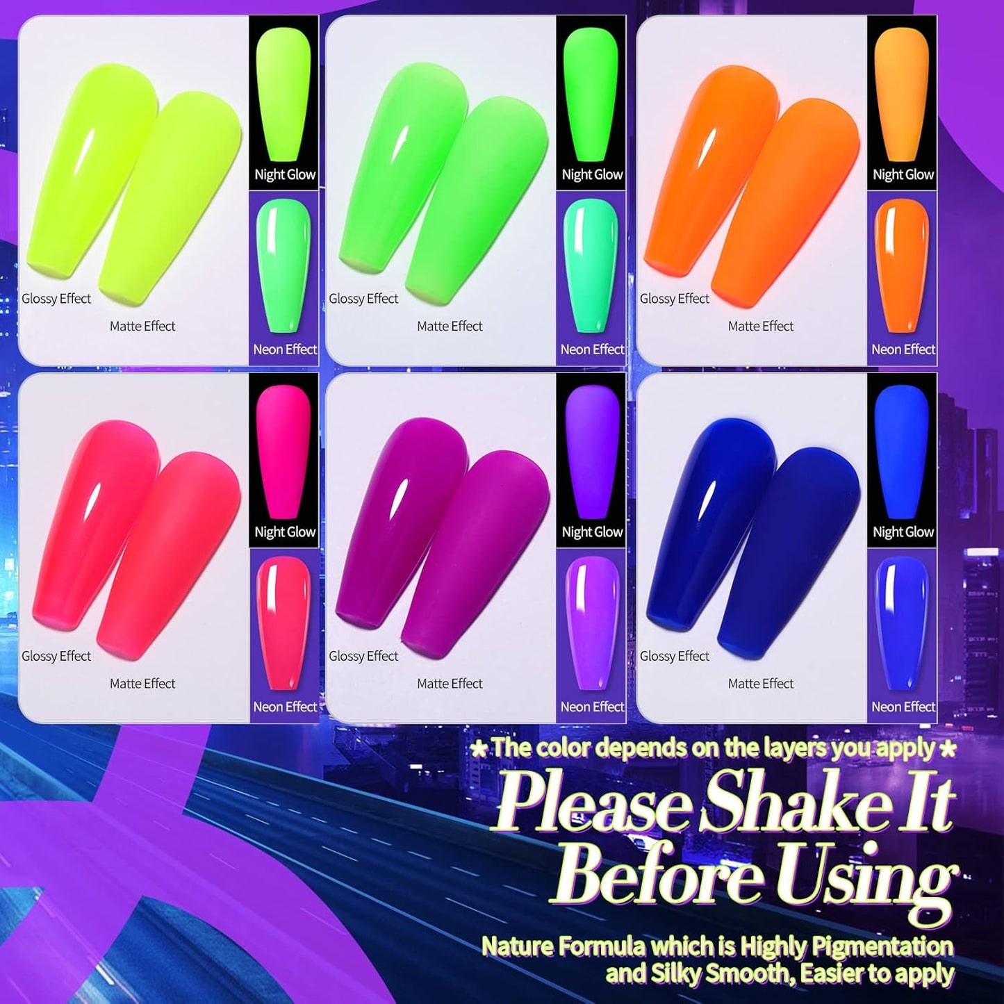Born Pretty Neon Gel Nail Polish Set 6 Colors Halloween Luminous Glow in Dark Gel Polish Fluorescent Orange Hot Pink Blue Yellow Green Purple Gel Nail Polish Set 7ML