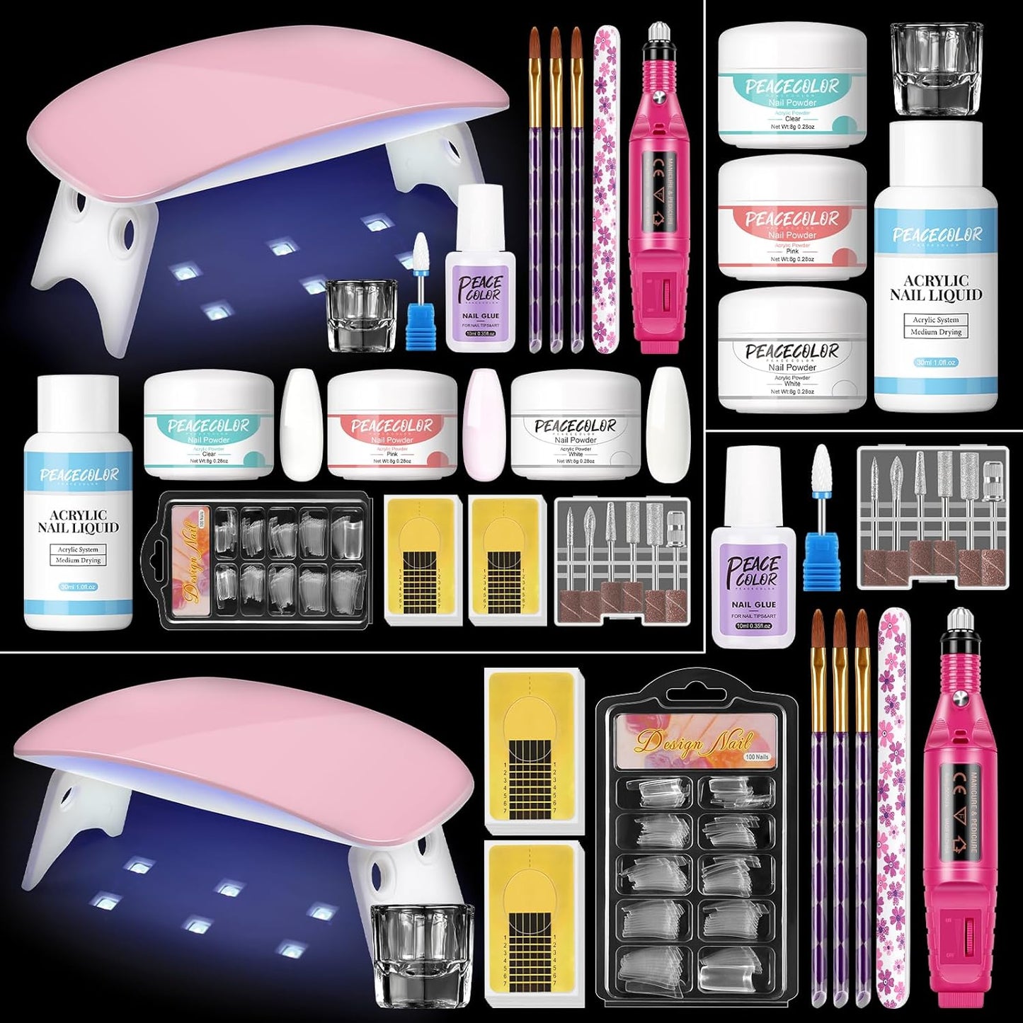 Acrylic Nail Kit with Drill with U V Light Clear/White/Pink Acrylic Powder Professional Nail Kit for Beginner with Everything 100PC Tips Brush Starter DIY Home Salon