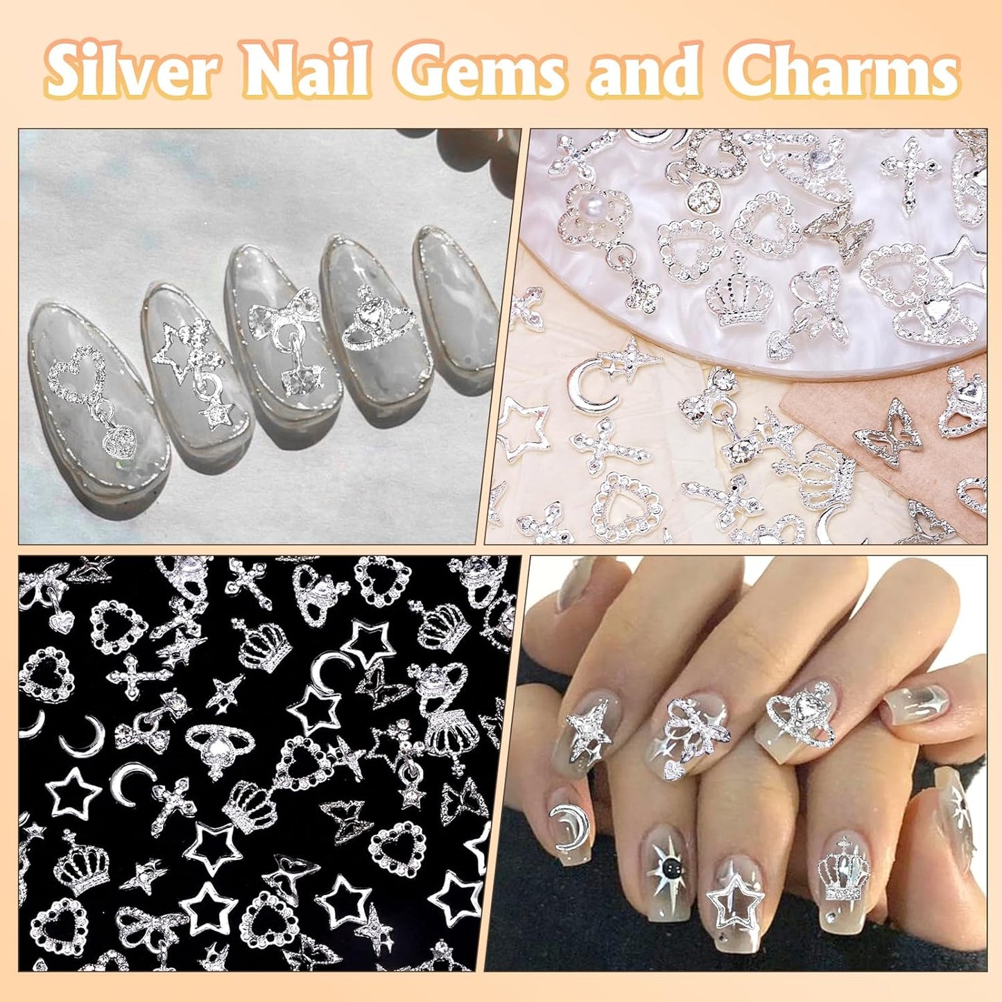 100 Pcs Silver Nail Charms and Gems, Silver Dangle Star Bows Nail Gems Charms, Metal Crown Heart Butterfly Charms for Acrylic Nail Art Alloy Cross Nail Charms for Women DIY Accessories