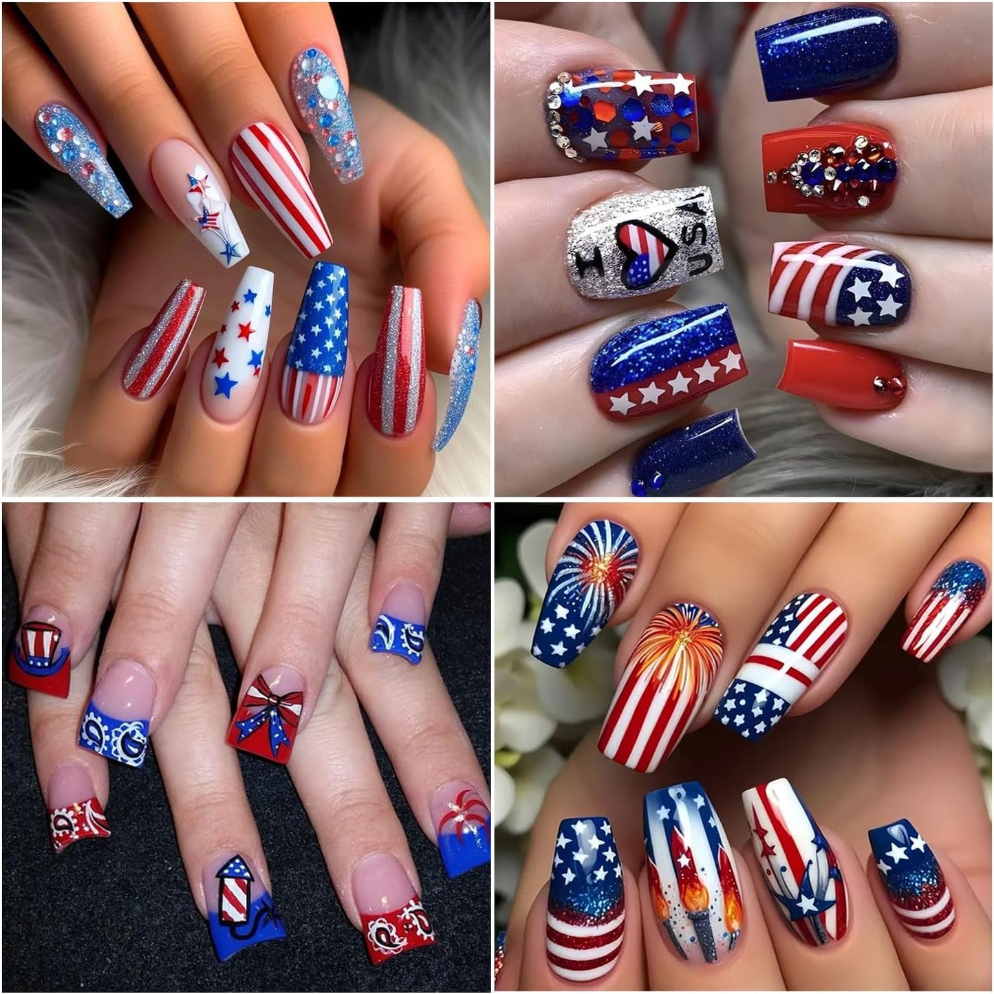 6pcs 4th of July Nail Stickers 3D Nail Decals Independence Day Nail Art Sticker for USA Flags Heart Star Stripe Letters Fireworks Nails Design Adhesive Sticker Patriotic Manicure Decorations for Women