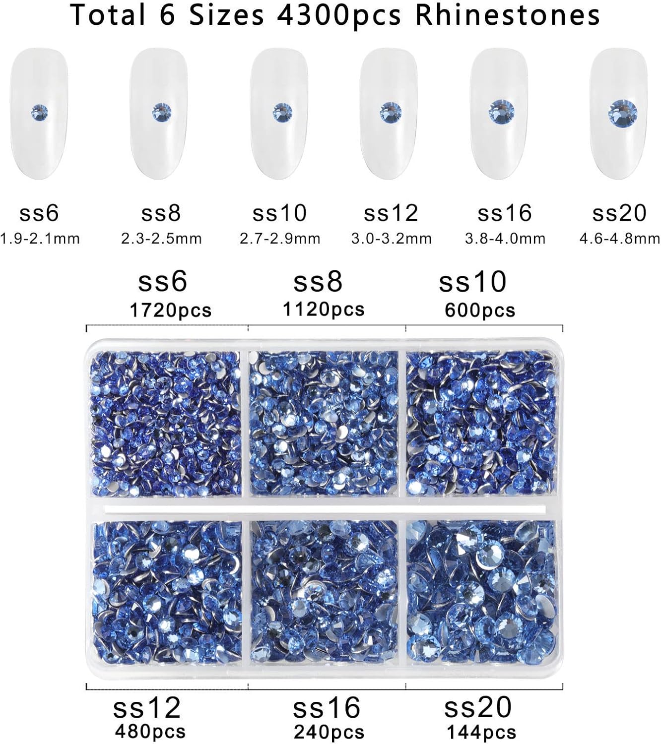 Beadsland 4300pcs Flatback Rhinestones,Light Blue Rhinestone Nail Gems Round Crystal Rhinestones for Crafts,Mixed 6 Sizes with Picking Tweezers and Wax Pencil Kit, SS6-SS20,Light Sapphire