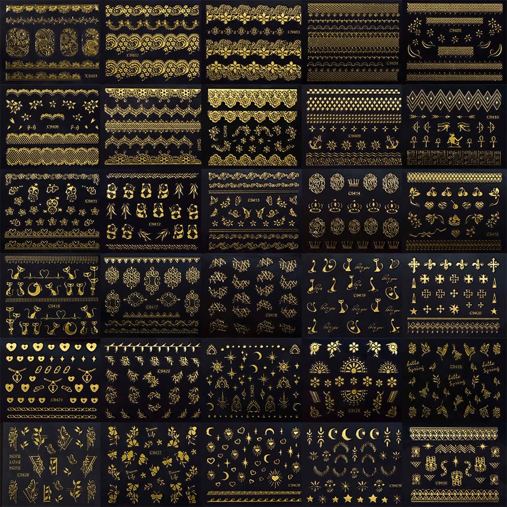 30 Sheets Gold Nail Art Stickers 3D Self-Adhesive Gold Lace Cat Flower Star Moon Heart Nail Decals 3D Gold Retro Hollow Nail Stickers Nail Art Design for Women DIY Acrylic Nails Decoration