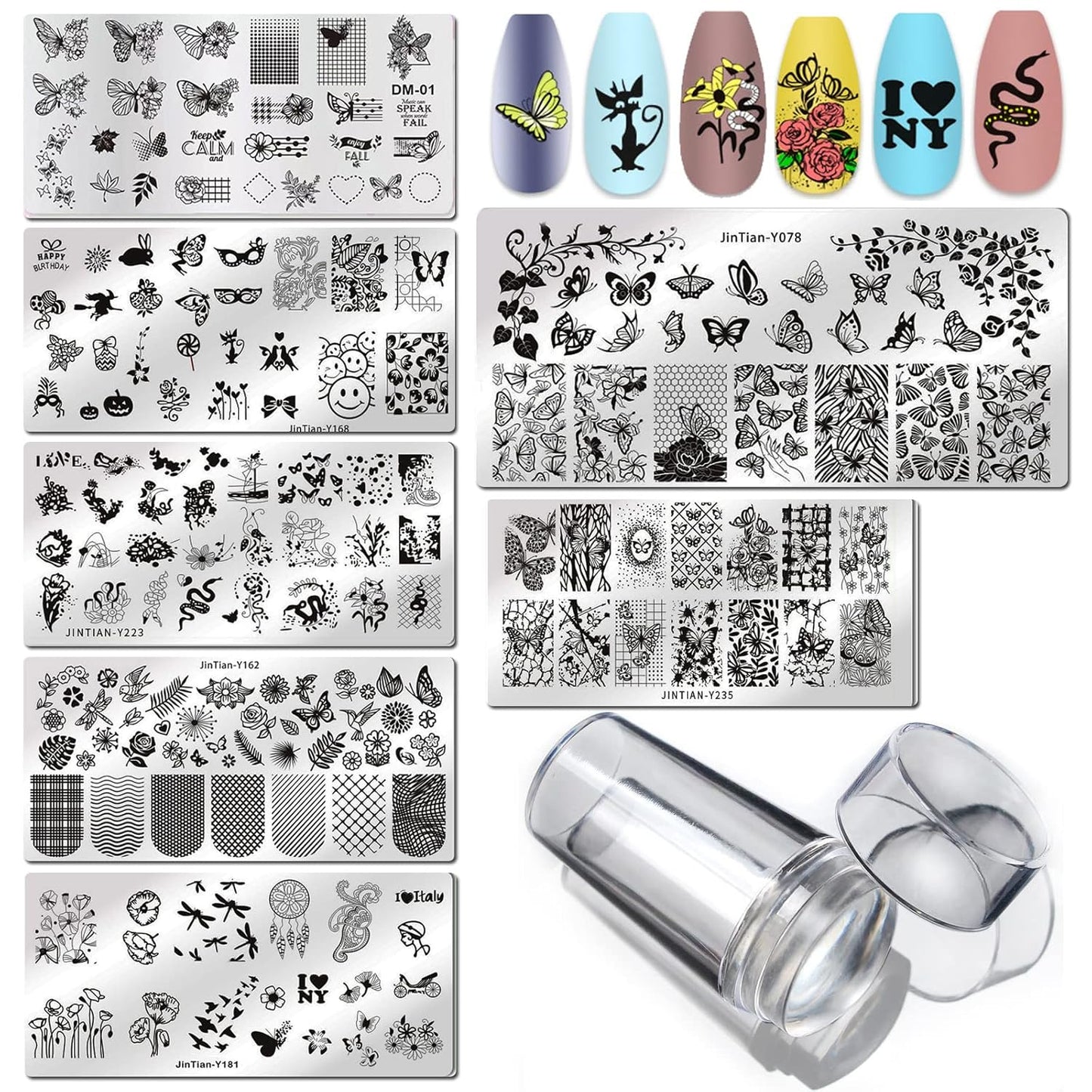 LoveOurHome Nail Stamping Plate Kit Flower Butterfly Lace Animal Fingernails Template Stencil Stamps Plate Silicone Stamper Scraper Manicure Design Tools Set (Butterfly)
