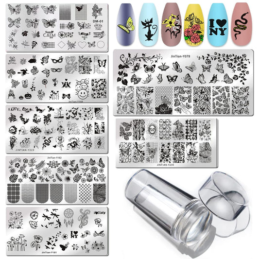 LoveOurHome Nail Stamping Plate Kit Flower Butterfly Lace Animal Fingernails Template Stencil Stamps Plate Silicone Stamper Scraper Manicure Design Tools Set (Butterfly)