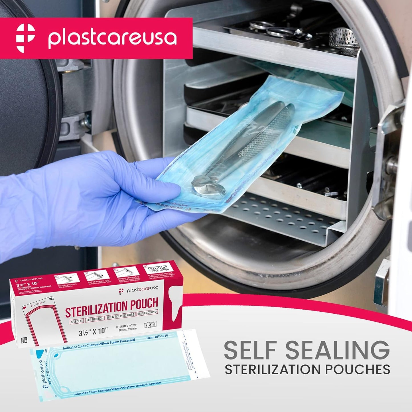 Self Sealing Sterilization 1000 Pouches 3.5" x 10" - Latex-Free, Color Changing Indicator (5 Boxes of 200) by PlastCare USA