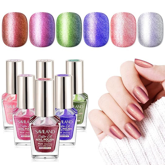 SAVILAND Color Artistry Chameleon Nail Polish Set: 6 Colors Aurora Shimmer Fingernail Polish Holographic Green Purple Red Glitter,Fast Quick-Dry Nail Lacquer Manicures Art Kit for Toe DIY Salon Home