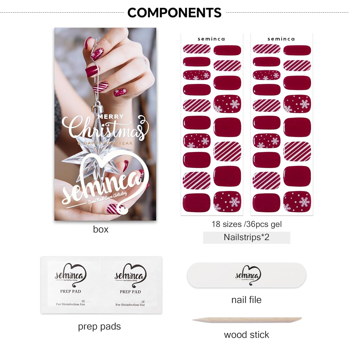 Semi Cured Gel Nail Strips-Works with Any UV/LED Lamps(Maroon Snowflake)