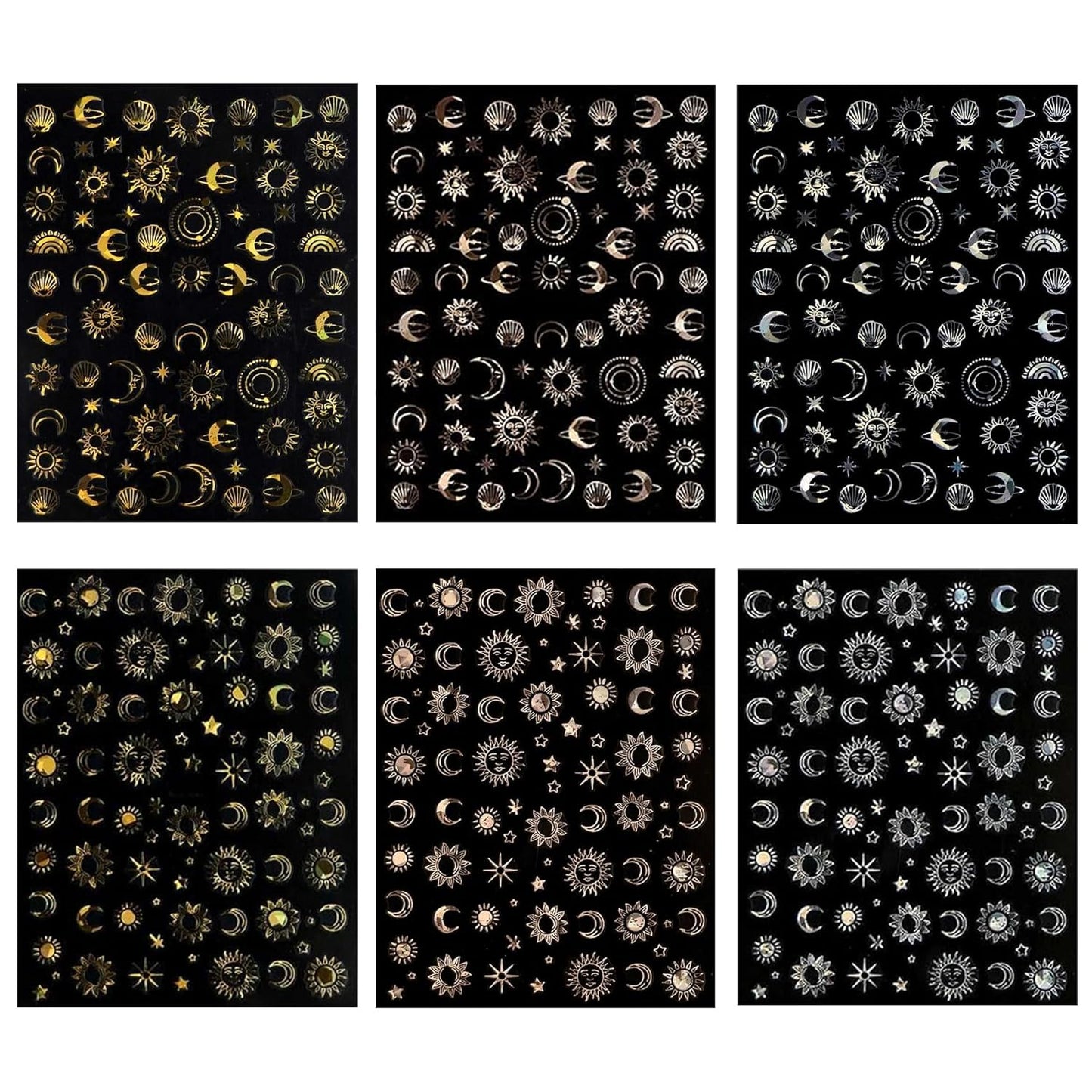 Gold Sun Nail Art Stickers - Sliver Moon Star Self-Adhesive 3D Nail Decals for DIY Golden Slivery Manicure (6 Sheets)
